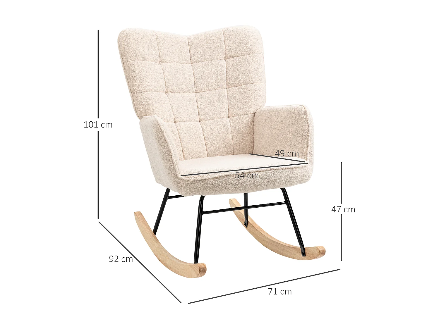 Fauteuil à bascule rocking chair design - structure acier piètement bois tissu effet laine bouclé beige