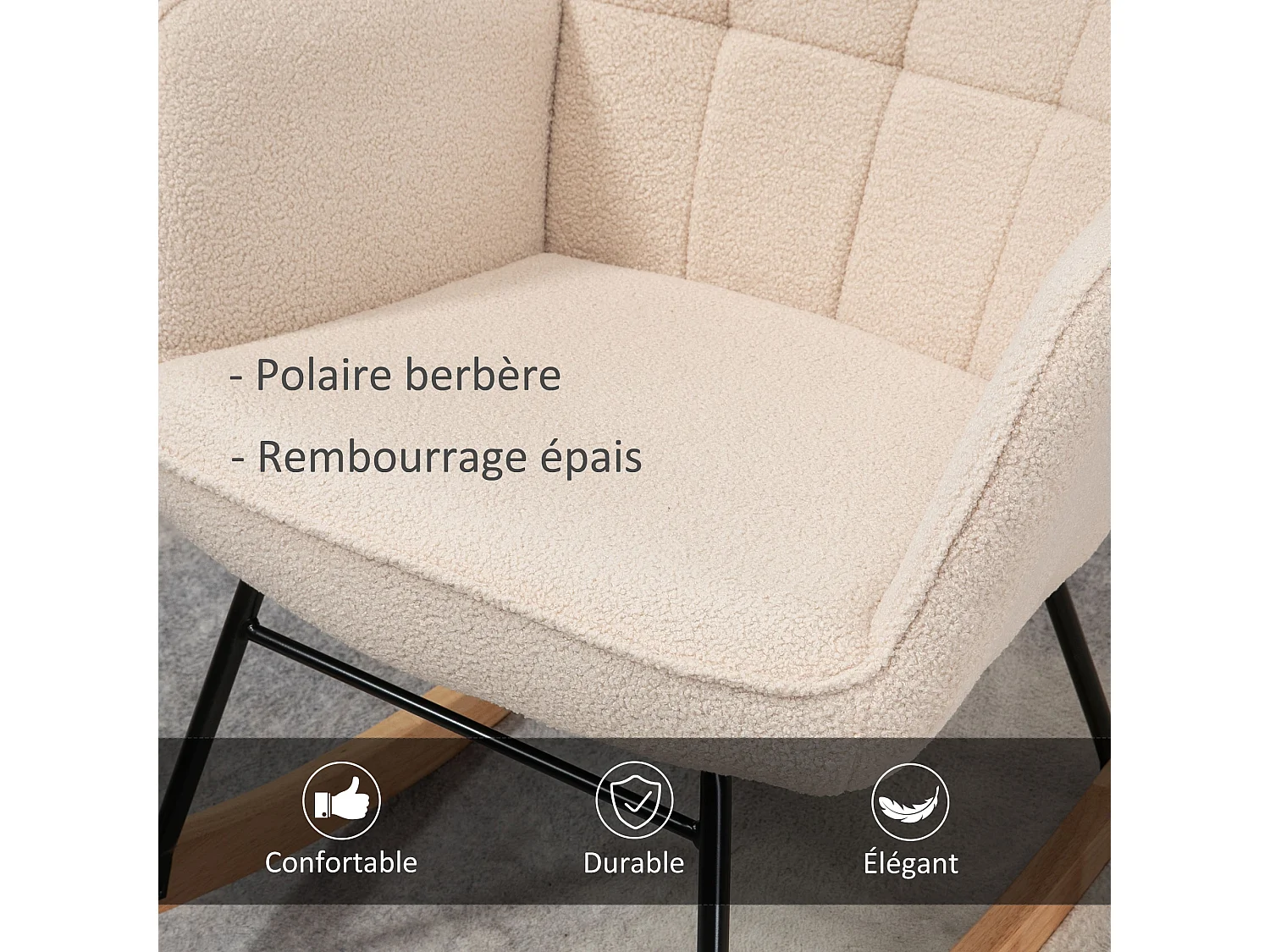 Fauteuil à bascule rocking chair design - structure acier piètement bois tissu effet laine bouclé beige