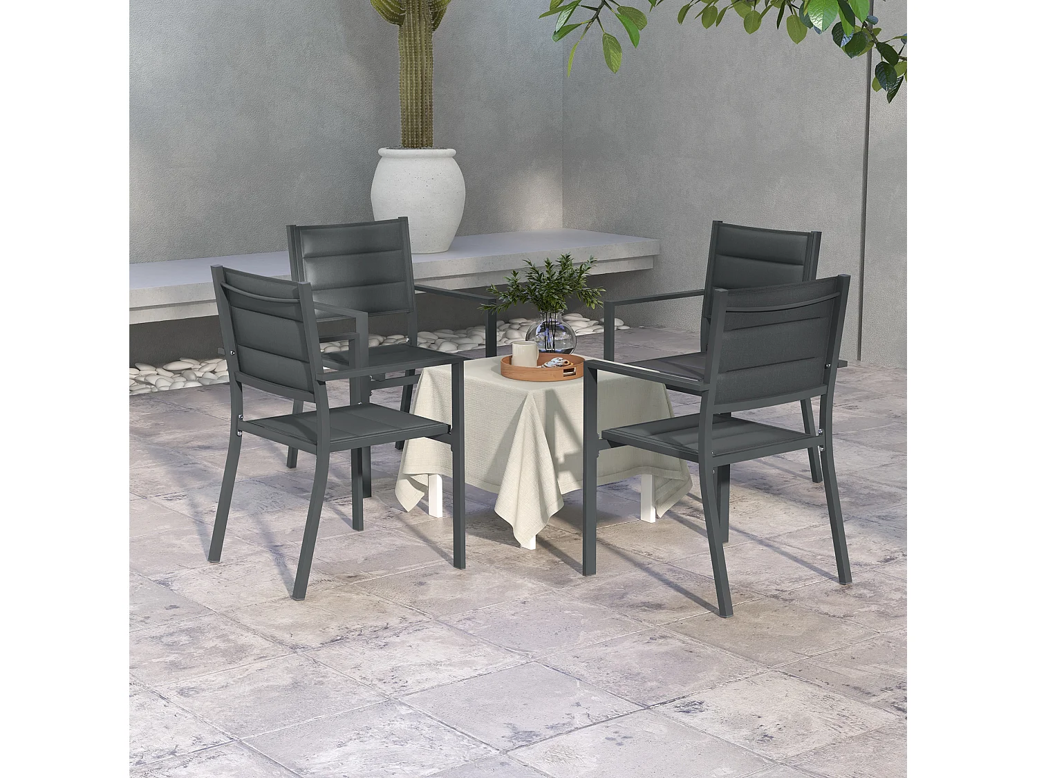Lot de 4 chaises de jardin empilables avec accoudoirs alu textilène gris