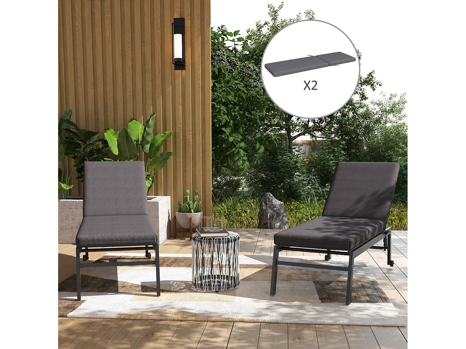 Lot de 2 matelas pour transat bain de soleil - dim. 190,5L x 58,4l x 7H cm - cordons d'attache - gris foncé