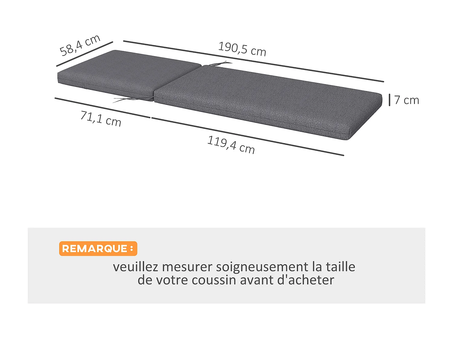 Lot de 2 matelas pour transat bain de soleil - dim. 190,5L x 58,4l x 7H cm - cordons d'attache - gris foncé