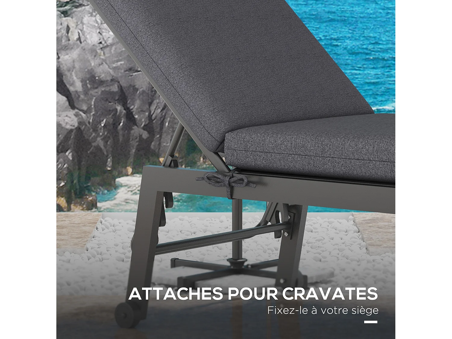 Lot de 2 matelas pour transat bain de soleil - dim. 190,5L x 58,4l x 7H cm - cordons d'attache - gris foncé