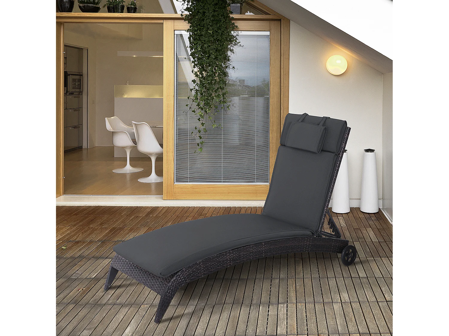 Matelas bain de soleil déhoussable - coussin de transat - matelas de chaise longue - 198 x 53 x 5 cm - tissu gris