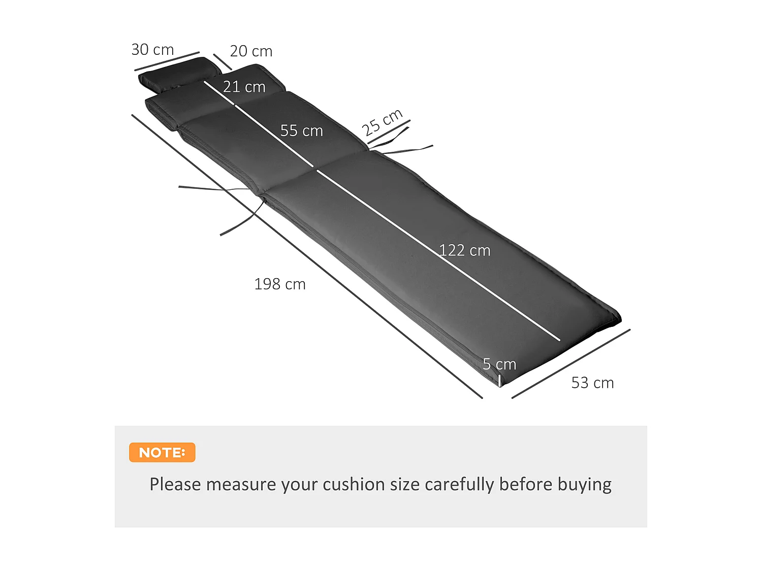 Matelas bain de soleil déhoussable - coussin de transat - matelas de chaise longue - 198 x 53 x 5 cm - tissu gris