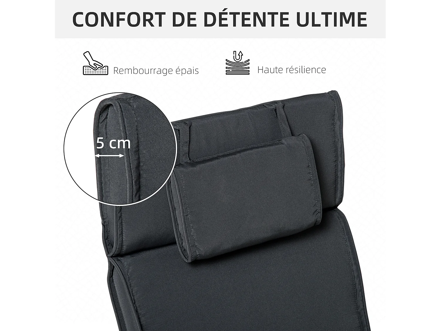 Matelas bain de soleil déhoussable - coussin de transat - matelas de chaise longue - 198 x 53 x 5 cm - tissu gris