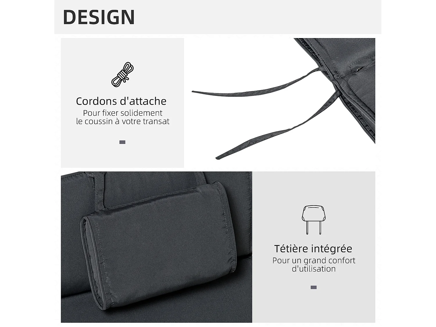 Matelas bain de soleil déhoussable - coussin de transat - matelas de chaise longue - 198 x 53 x 5 cm - tissu gris