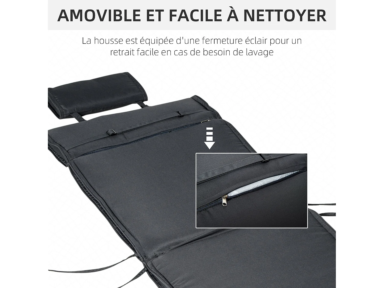 Matelas bain de soleil déhoussable - coussin de transat - matelas de chaise longue - 198 x 53 x 5 cm - tissu gris