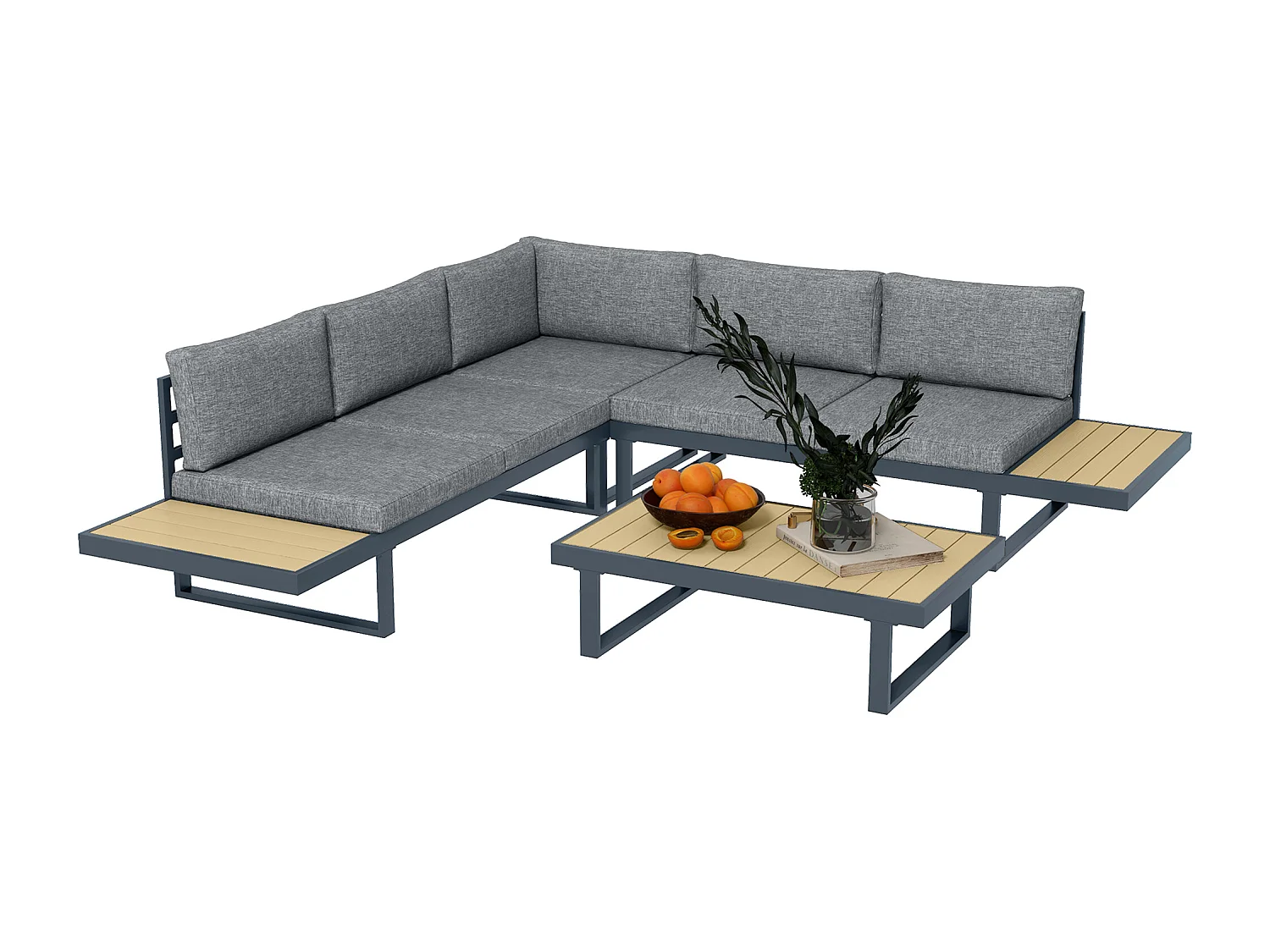 Salon de jardin d'angle 5 places avec table basse coussins alu gris aspect boi