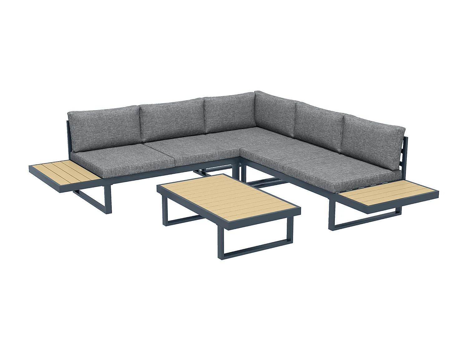 Salon de jardin d'angle 5 places avec table basse coussins alu gris aspect bois