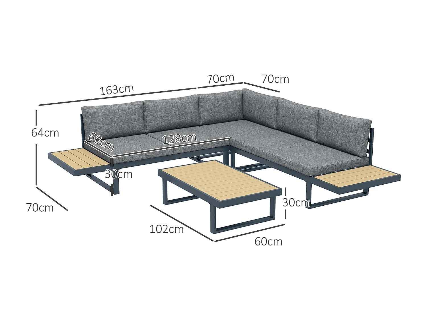 Salon de jardin d'angle 5 places avec table basse coussins alu gris aspect bois