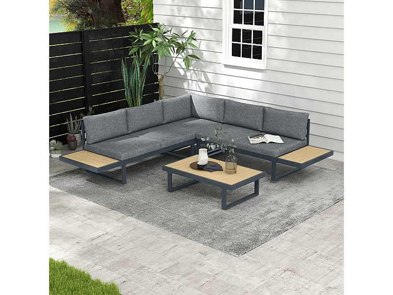 Salon de jardin d'angle 5 places avec table basse coussins alu gris aspect boi