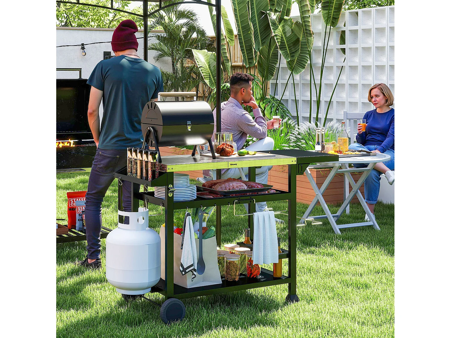 Chariot desserte barbecue plancha multi-équipement plateau acier inox