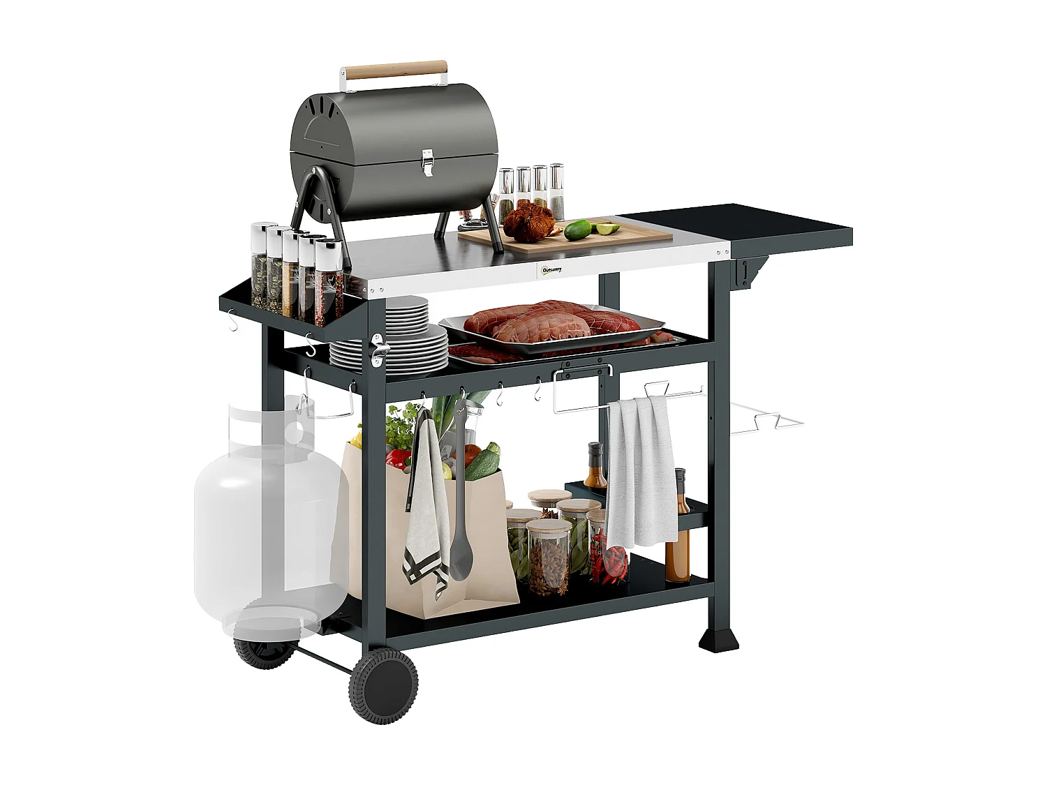 Chariot desserte barbecue plancha multi-équipement plateau acier inox