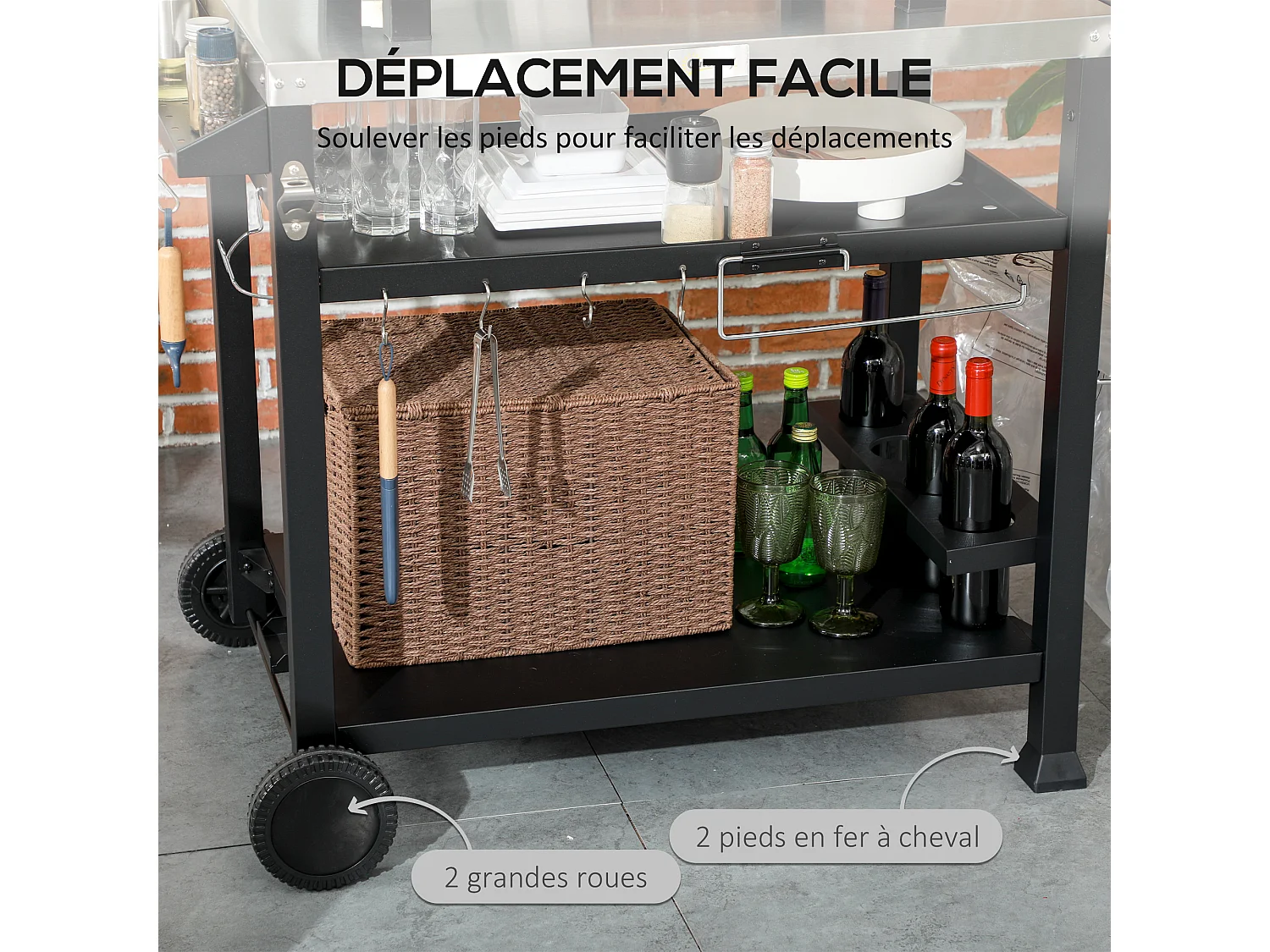 Chariot desserte barbecue plancha multi-équipement plateau acier inox