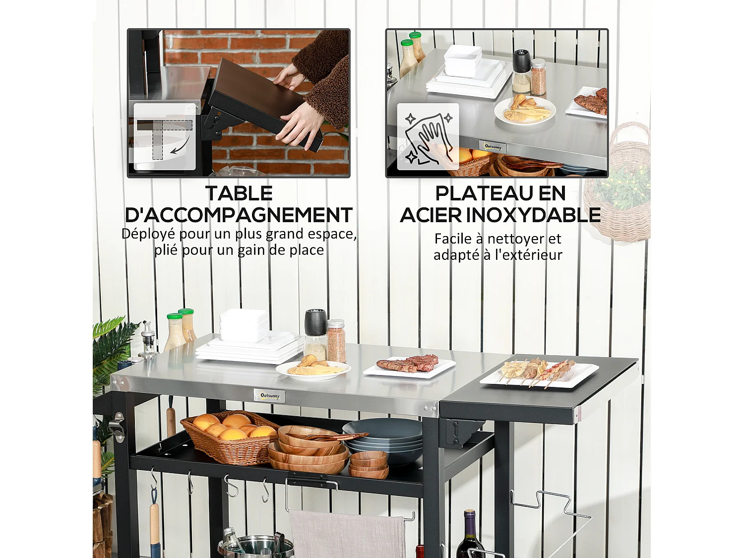 Chariot desserte barbecue plancha multi-équipement plateau acier inox