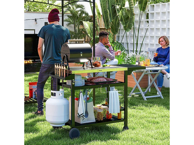 Chariot desserte barbecue plancha multi-équipement plateau acier inox