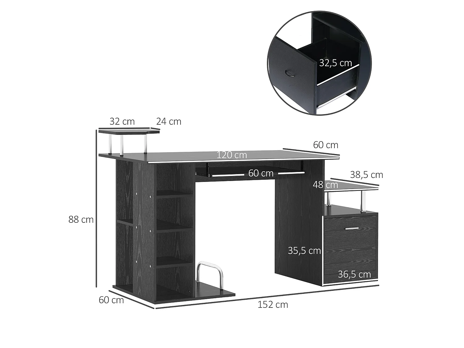 Bureau pour ordinateur table meuble pc informatique en MDF noir