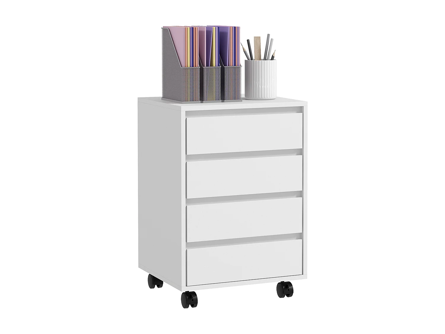 Caisson de bureau rangement bureau sur roulettes 4 tiroirs coulissants MDF aspect bois blanc