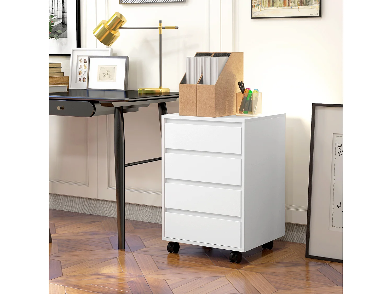 Caisson de bureau rangement bureau sur roulettes 4 tiroirs coulissants MDF aspect bois blanc