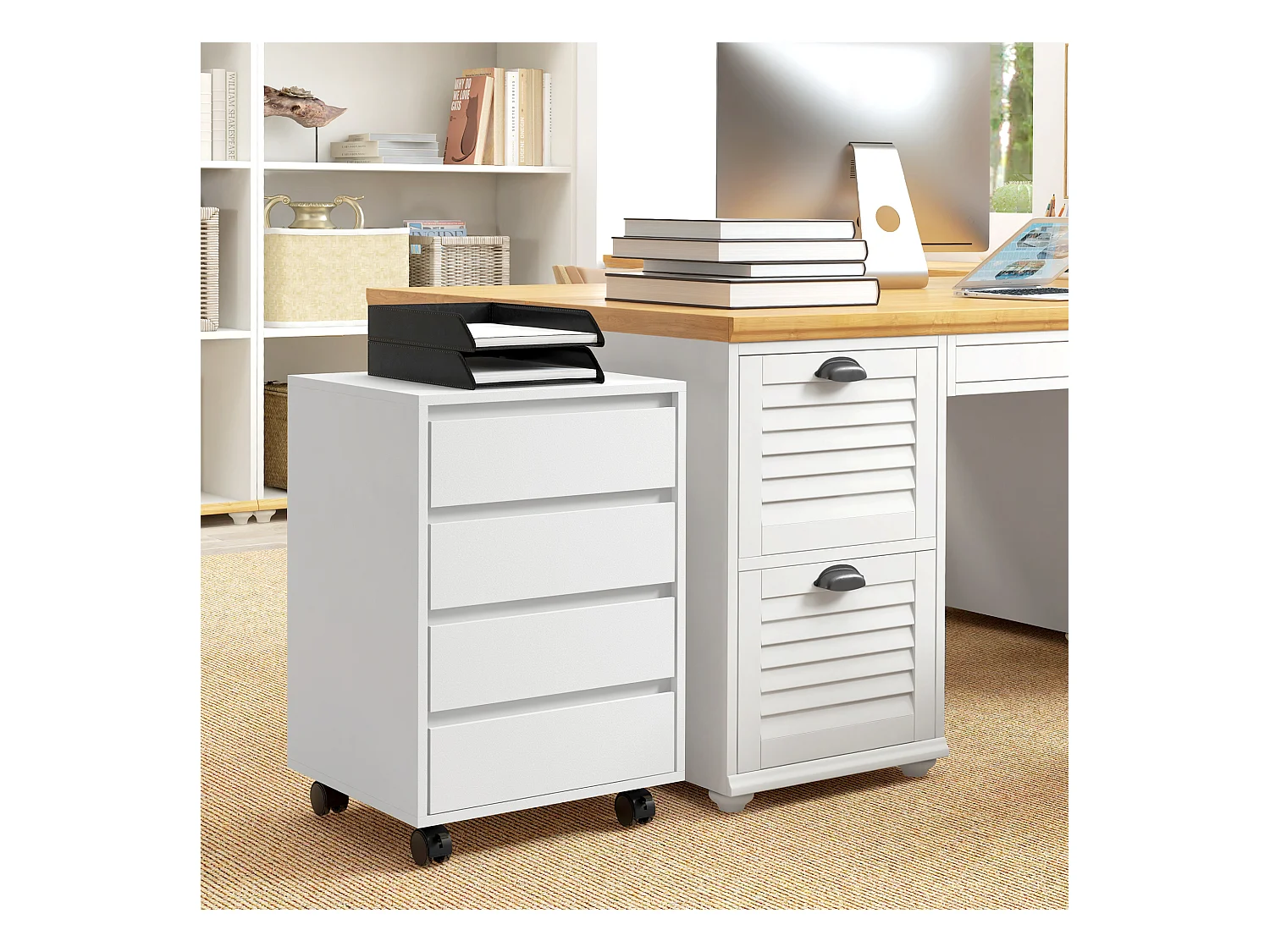 Caisson de bureau rangement bureau sur roulettes 4 tiroirs coulissants MDF aspect bois blanc
