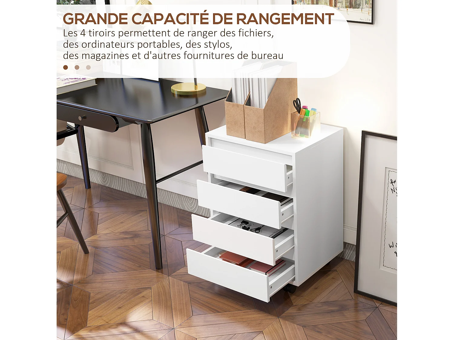 Caisson de bureau rangement bureau sur roulettes 4 tiroirs coulissants MDF aspect bois blanc