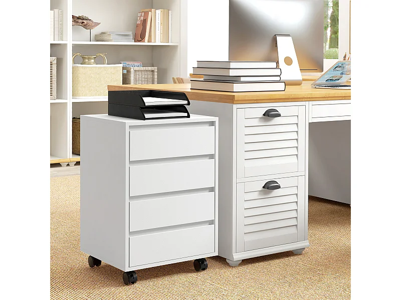 Caisson de bureau rangement bureau sur roulettes 4 tiroirs coulissants MDF aspect bois blanc