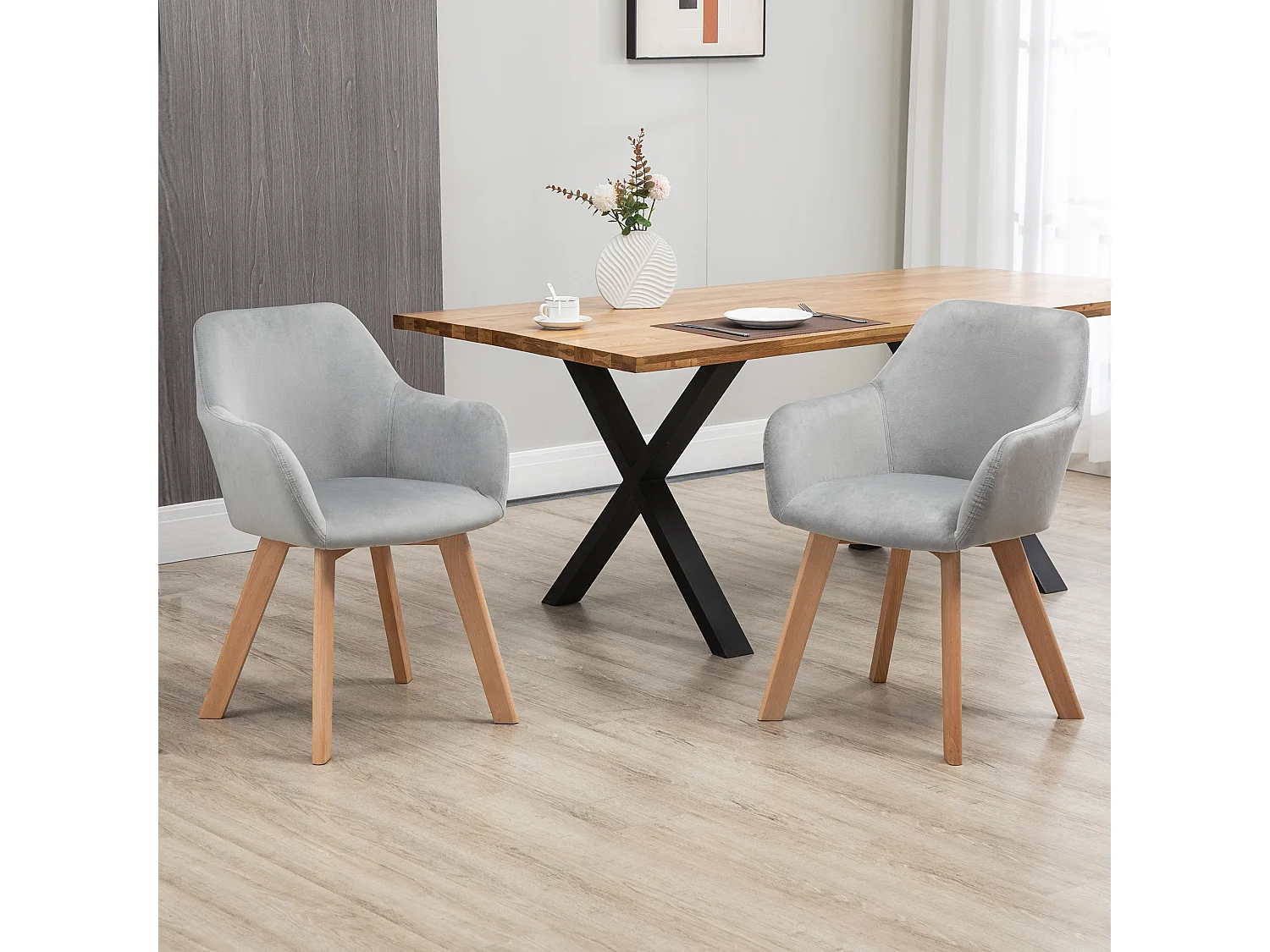 Chaises de visiteur design scandinave - lot de 2 chaises - pieds bois hévéa - assise dossier accoudoirs velours gris