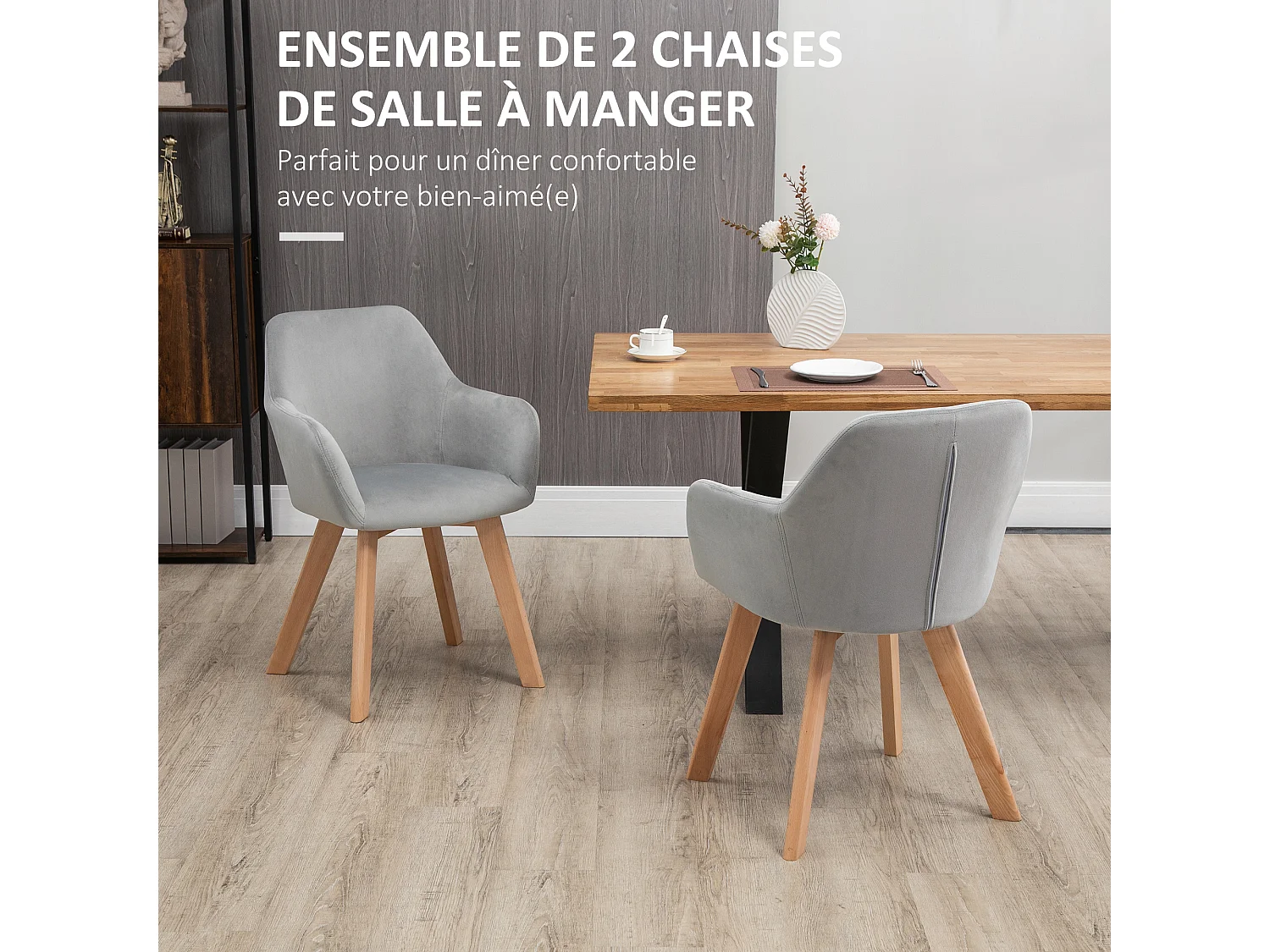 Chaises de visiteur design scandinave - lot de 2 chaises - pieds bois hévéa - assise dossier accoudoirs velours gris