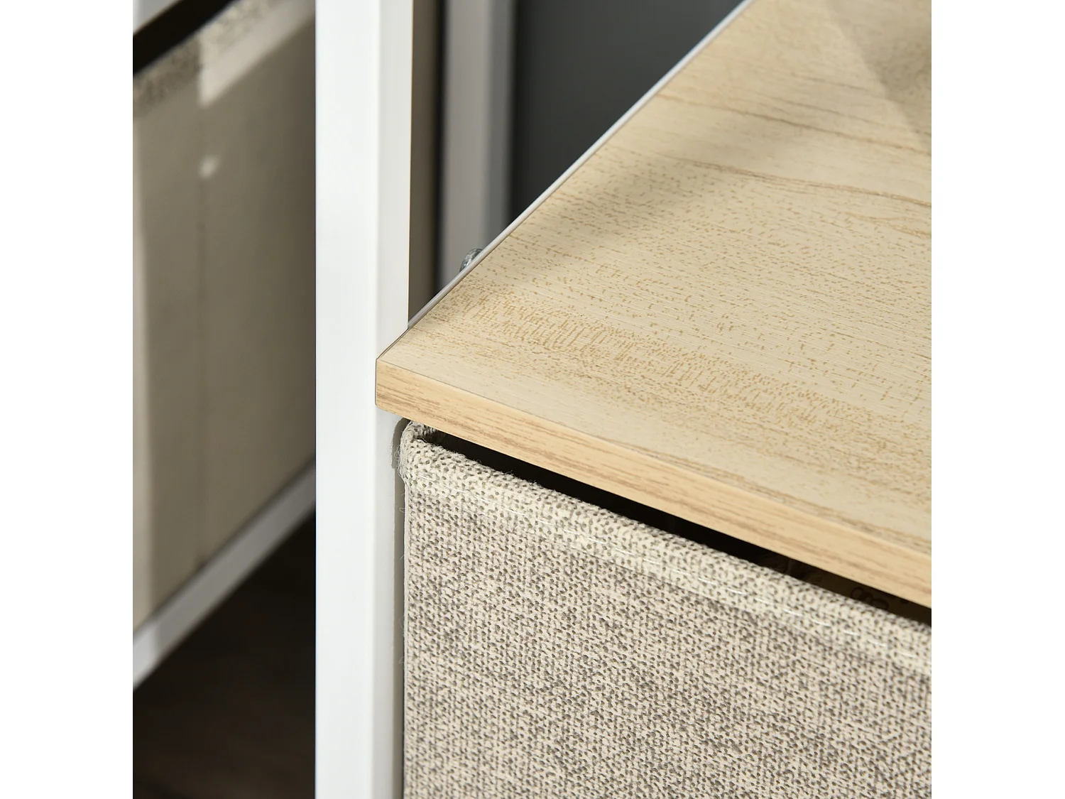 Meuble TV bas sur pieds style industriel 2 tiroirs tissu gris acier MDF blanc bois clair