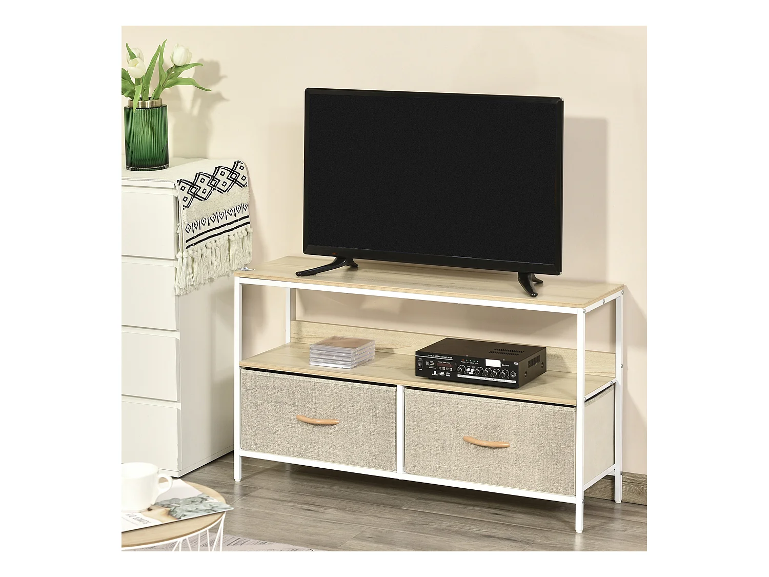 Meuble TV bas sur pieds style industriel 2 tiroirs tissu gris acier MDF blanc bois clair