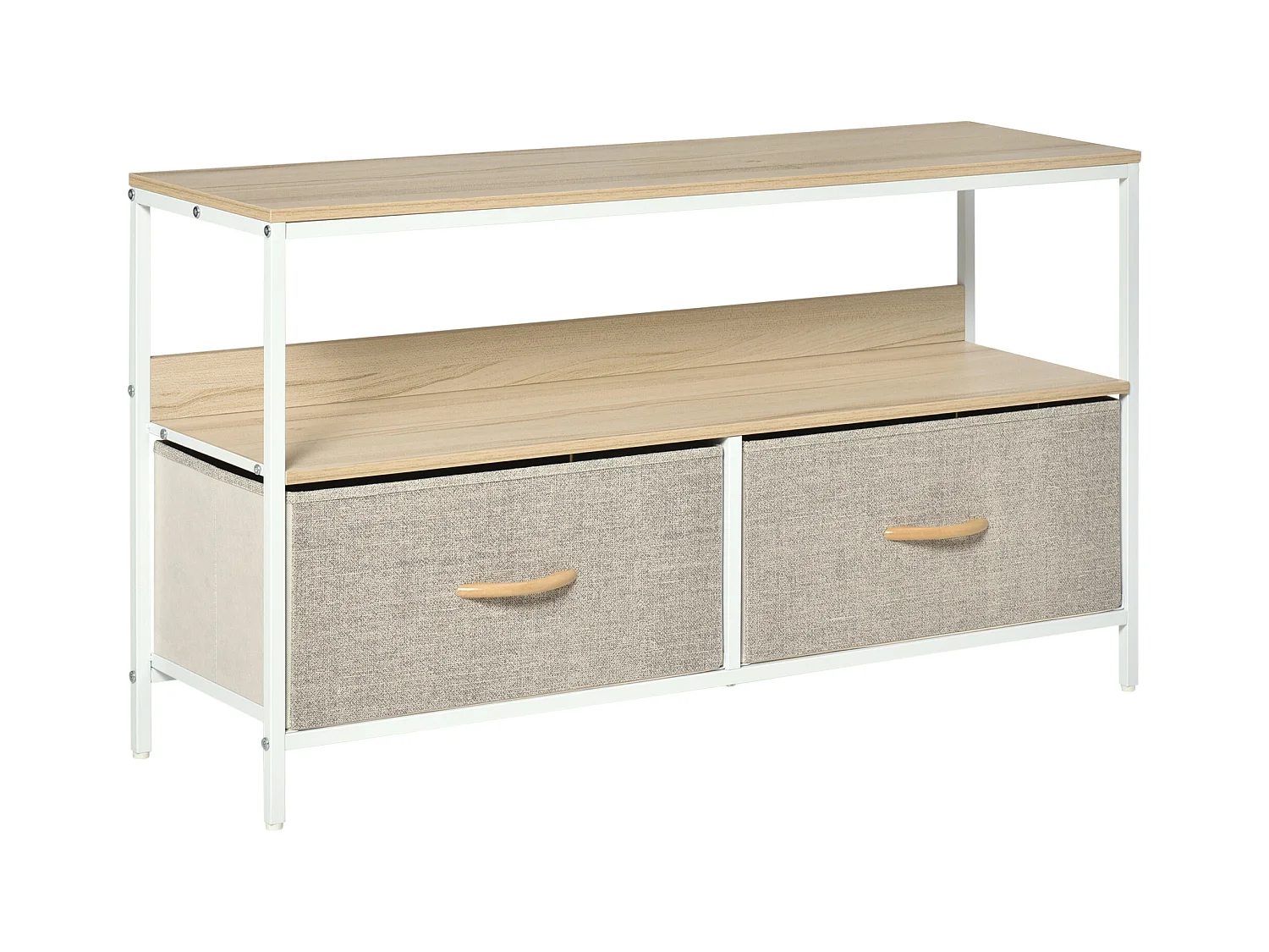 Meuble TV bas sur pieds style industriel 2 tiroirs tissu gris acier MDF blanc bois clair