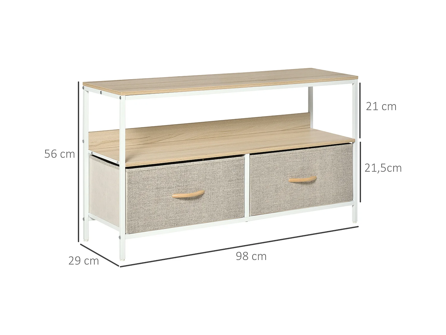 Meuble TV bas sur pieds style industriel 2 tiroirs tissu gris acier MDF blanc bois clair