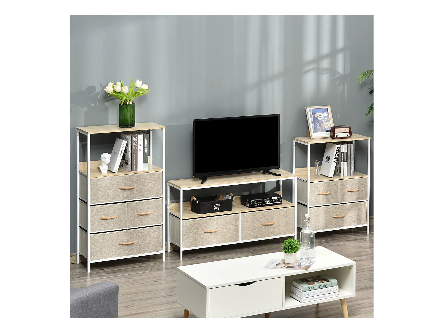 Meuble TV bas sur pieds style industriel 2 tiroirs tissu gris acier MDF blanc bois clair