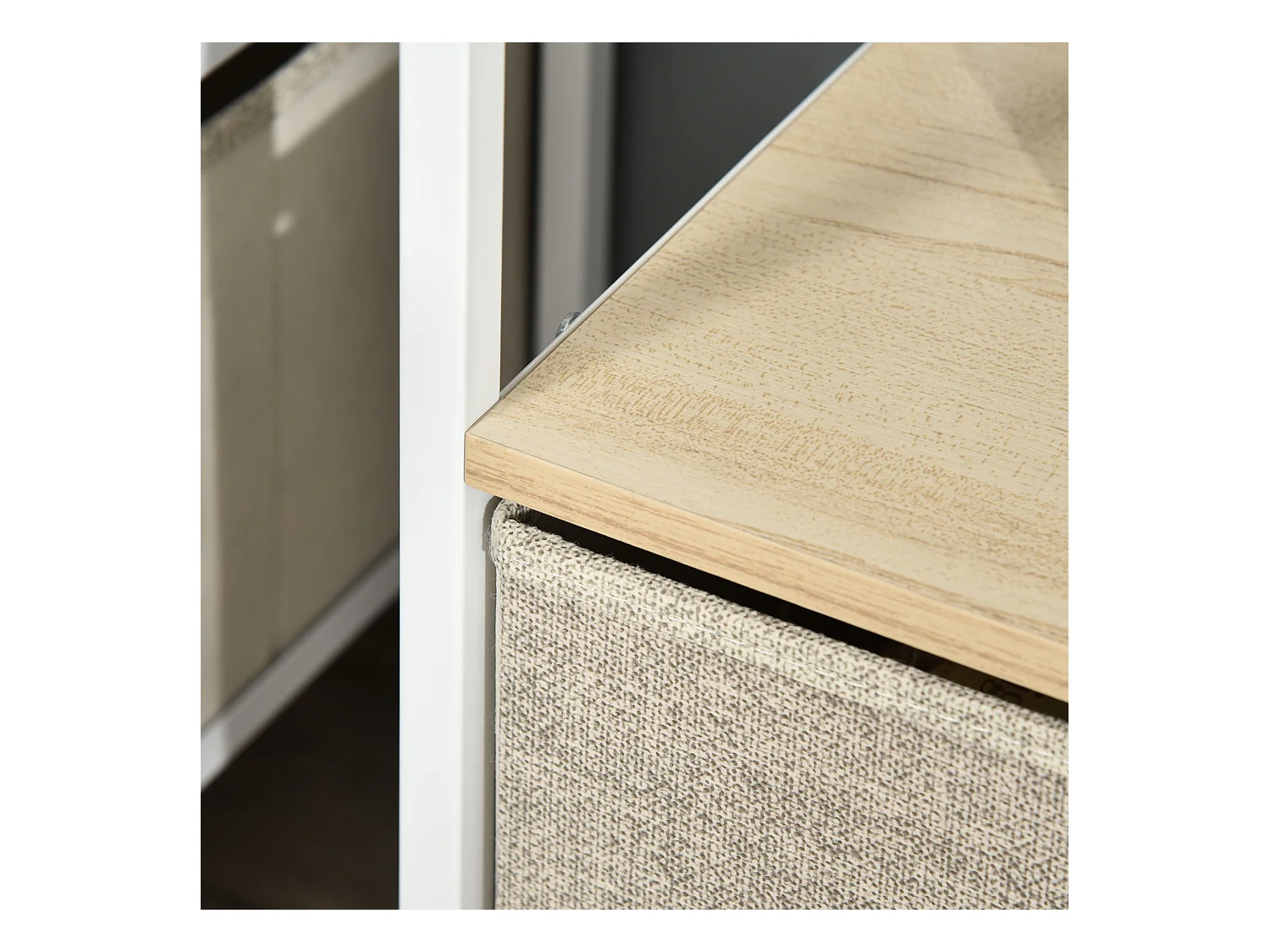 Meuble TV bas sur pieds style industriel 2 tiroirs tissu gris acier MDF blanc bois clair