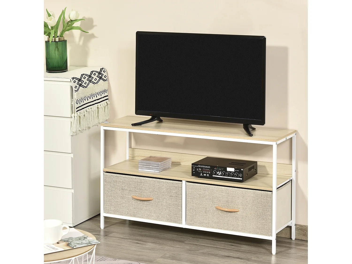 Meuble TV bas sur pieds style industriel 2 tiroirs tissu gris acier MDF blanc bois clair