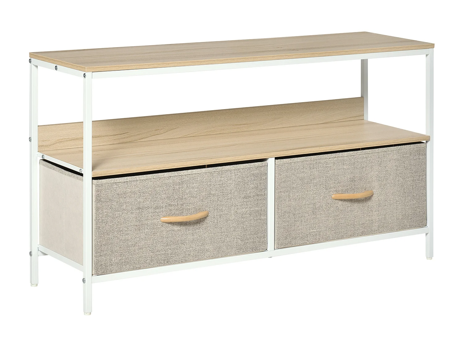 Meuble TV bas sur pieds style industriel 2 tiroirs tissu gris acier MDF blanc bois clair