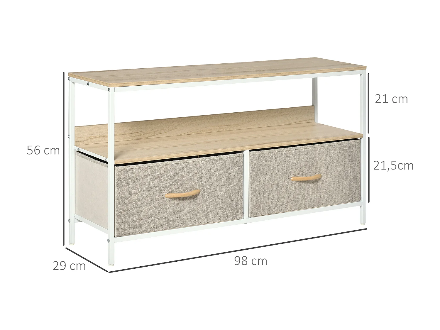 Meuble TV bas sur pieds style industriel 2 tiroirs tissu gris acier MDF blanc bois clair