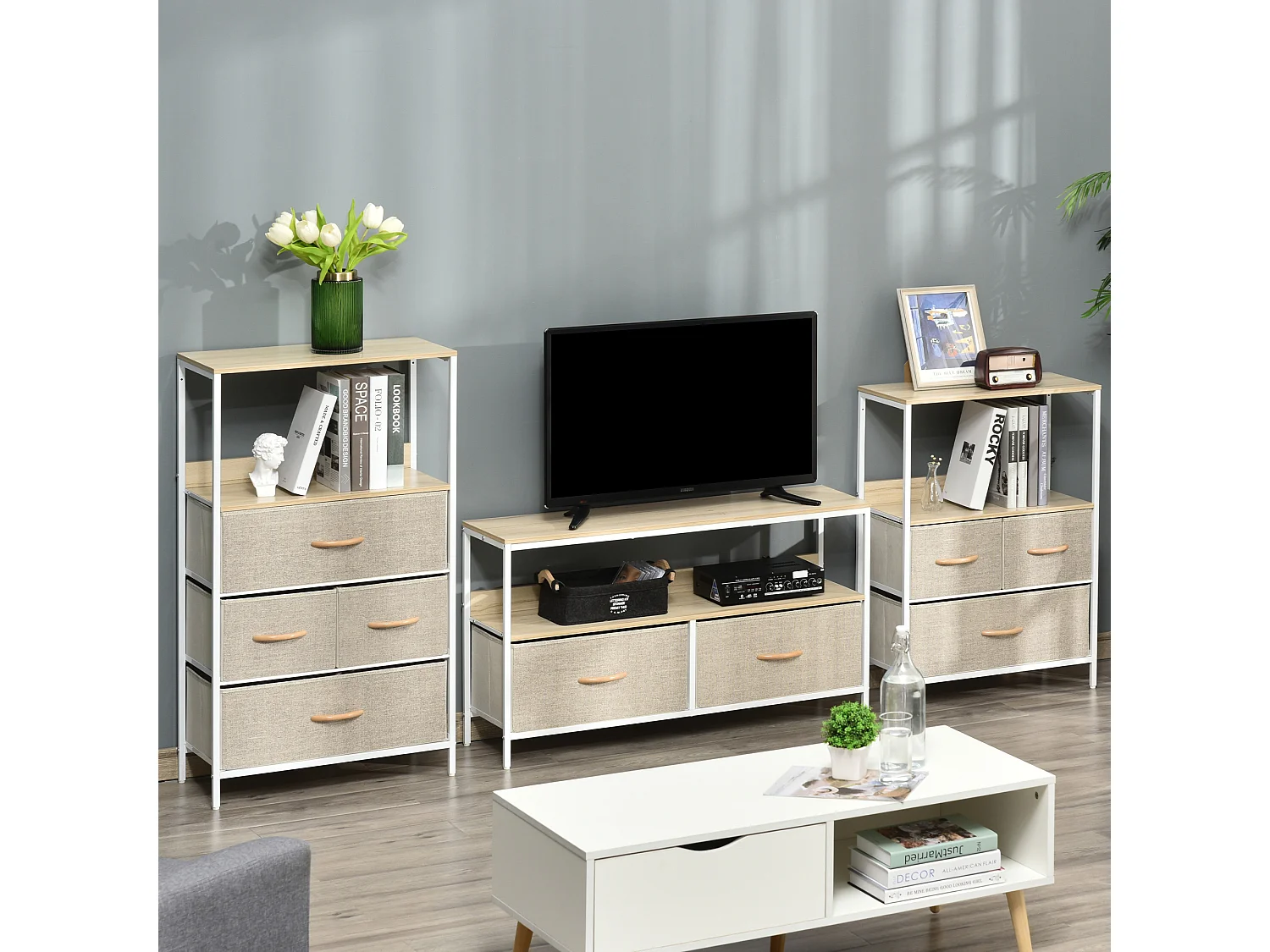 Meuble TV bas sur pieds style industriel 2 tiroirs tissu gris acier MDF blanc bois clair