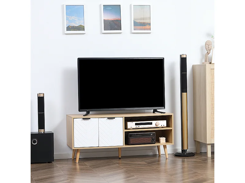 Meuble TV bas sur pied style scandinave 2 portes 2 niches piètement effilé incliné bois panneaux blanc aspect bois