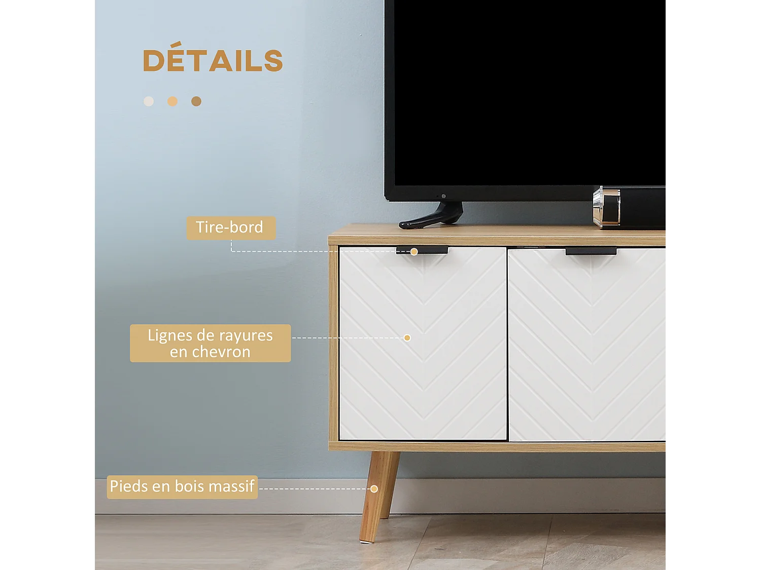 Meuble TV bas sur pied style scandinave 2 portes 2 niches piètement effilé incliné bois panneaux blanc aspect bois