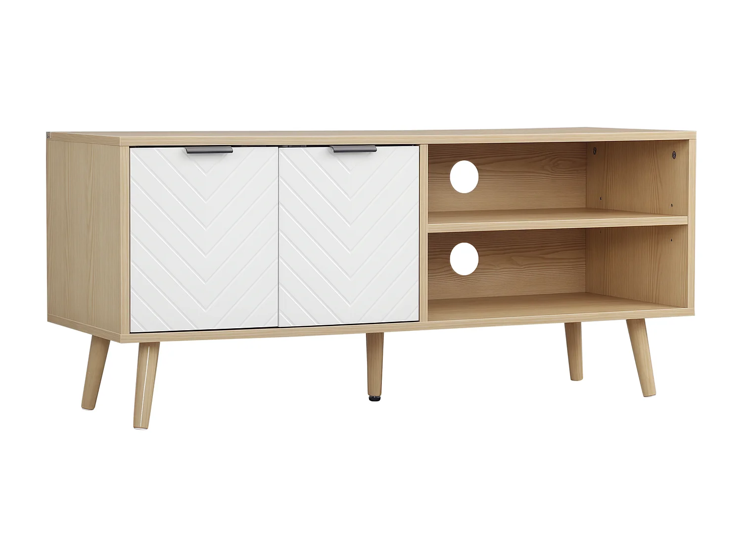 Meuble TV bas sur pied style scandinave 2 portes 2 niches piètement effilé incliné bois panneaux blanc aspect bois