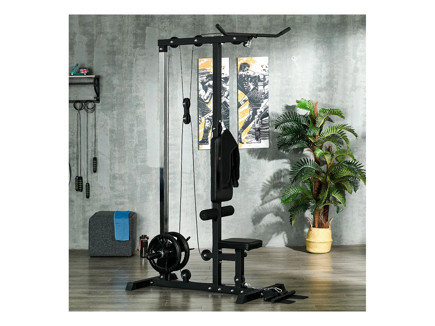 Station de musculation tirage poitrine - lat pulldown machine - bande de résistance, siège réglable - noir