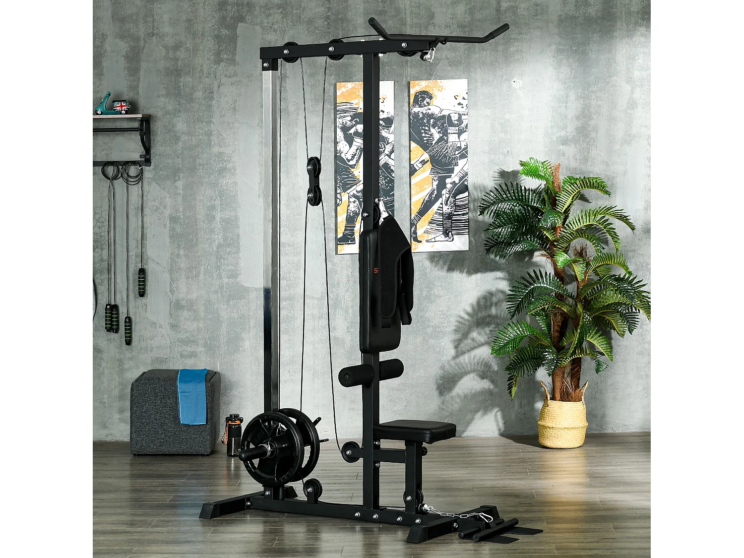 Station de musculation tirage poitrine - lat pulldown machine - bande de résistance, siège réglable - noir