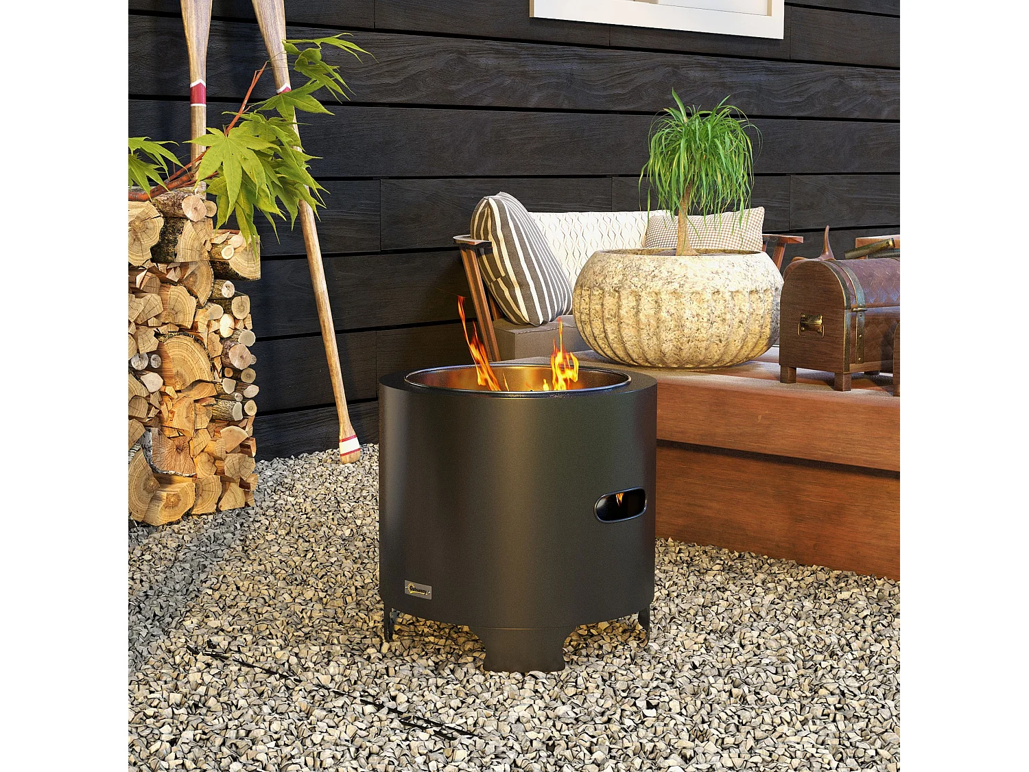 Brasero extérieur portable avec tisonnier - Ø 45 cm - acier inox métal noir