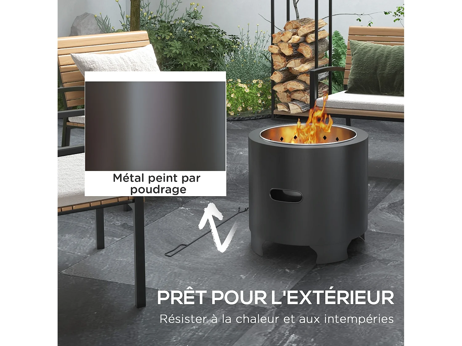 Brasero extérieur portable avec tisonnier - Ø 45 cm - acier inox métal noir