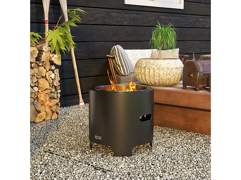 Brasero extérieur portable avec tisonnier - Ø 45 cm - acier inox métal noir