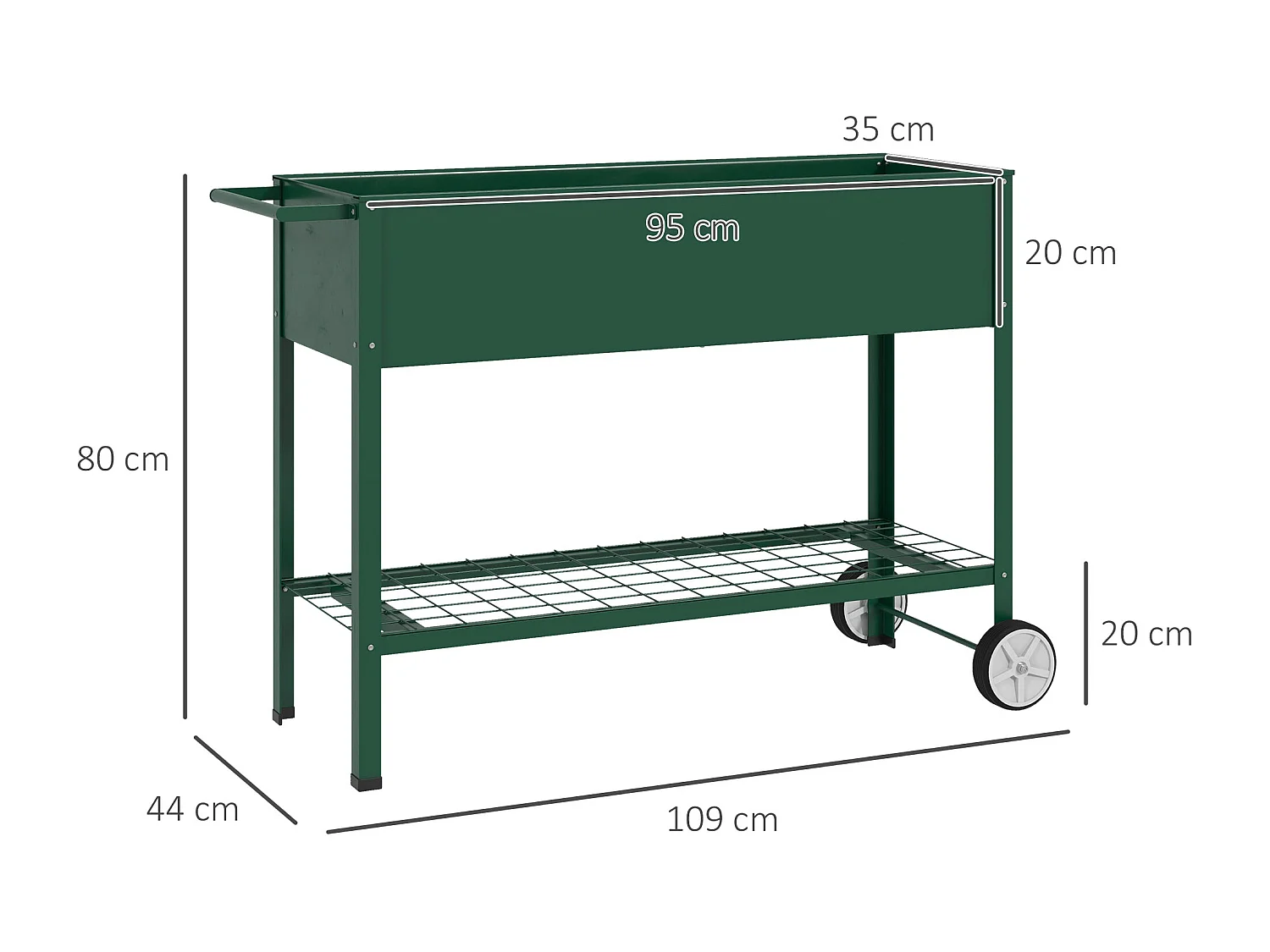 Jardinière sur pieds potager dim. 109L x 44l x 80H cm étagère 2 roues + insert d'irrigation métal vert