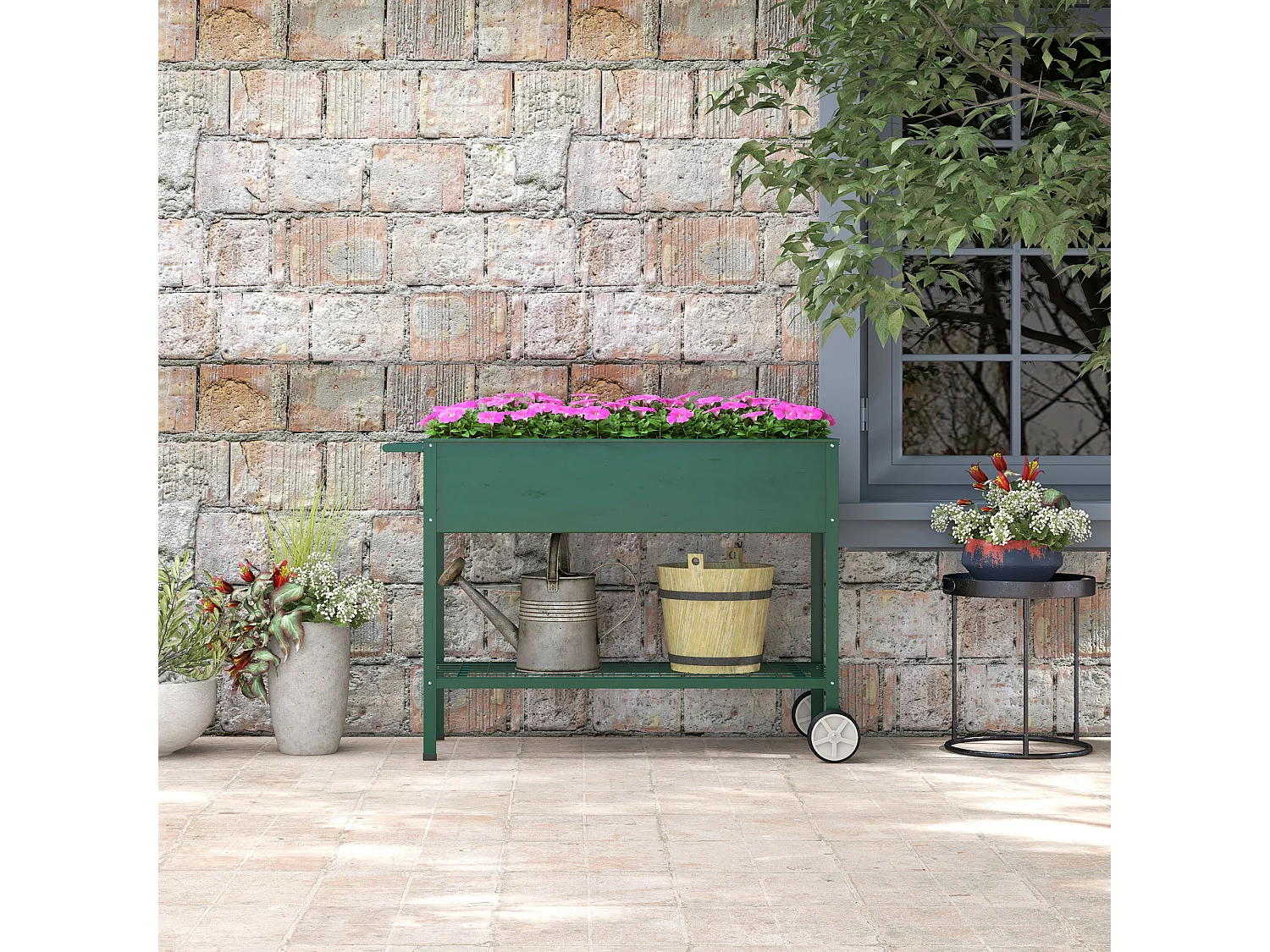 Jardinière sur pieds potager dim. 109L x 44l x 80H cm étagère 2 roues + insert d'irrigation métal vert