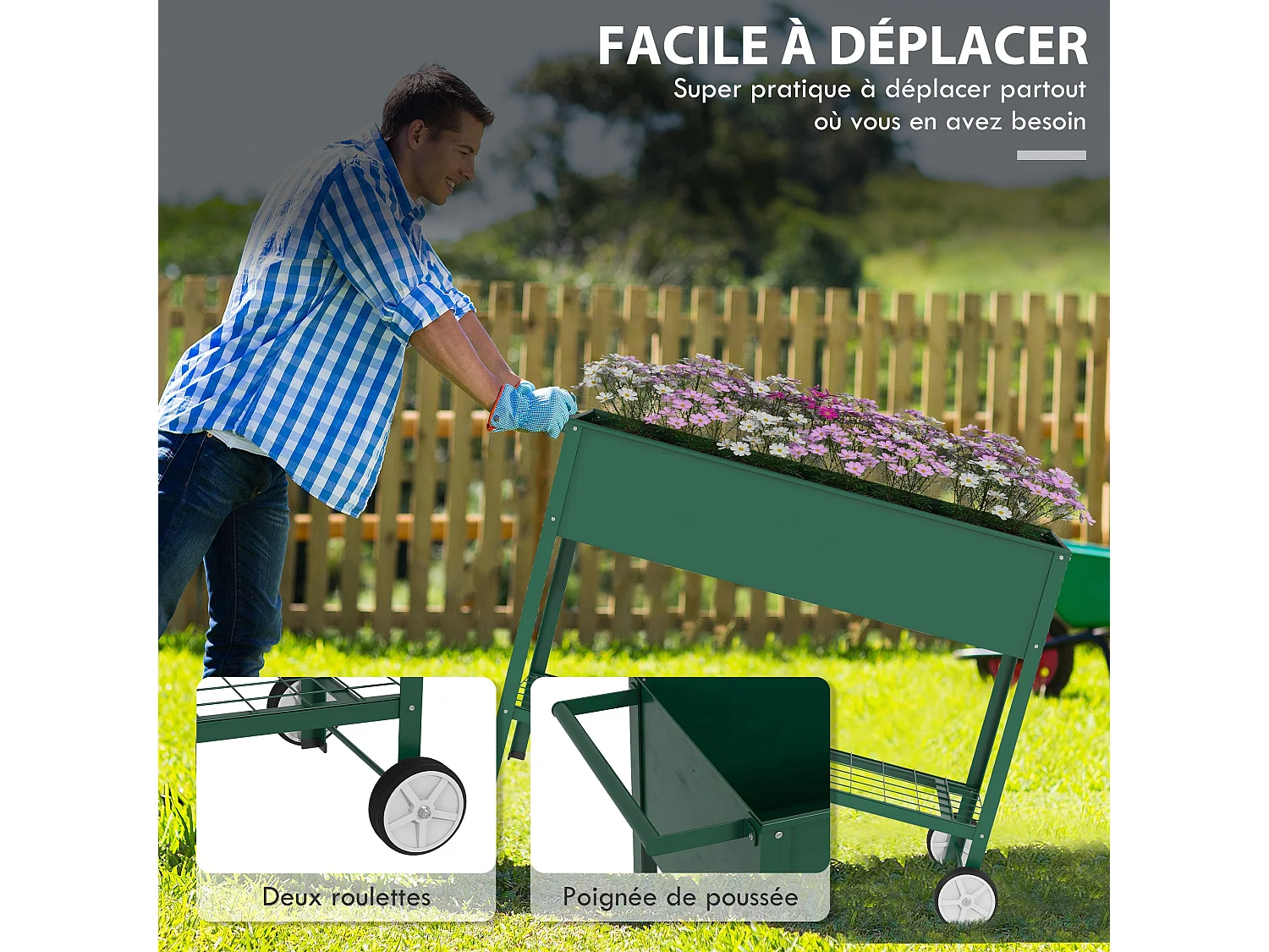 Jardinière sur pieds potager dim. 109L x 44l x 80H cm étagère 2 roues + insert d'irrigation métal vert