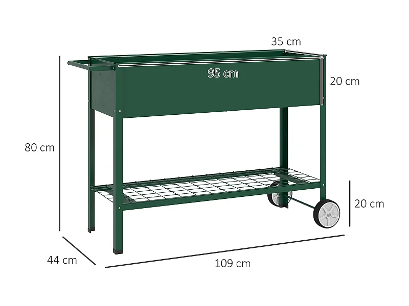 Jardinière sur pieds potager dim. 109L x 44l x 80H cm étagère 2 roues + insert d'irrigation métal vert